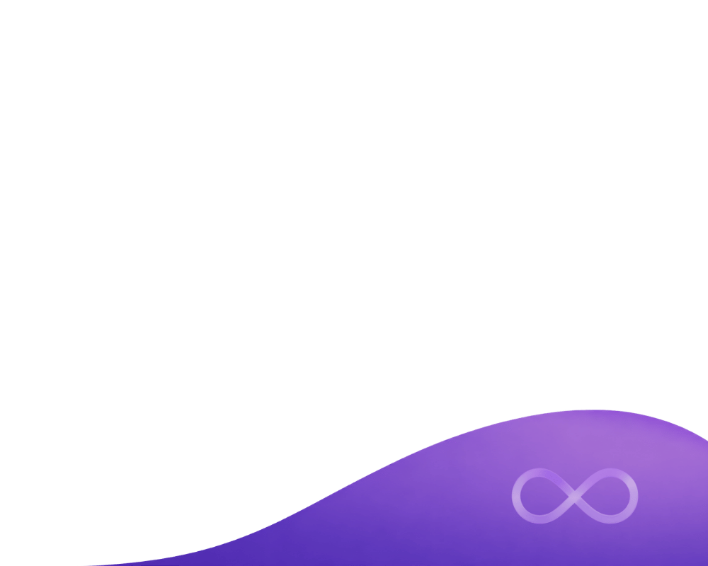 White background with a purple wave and faint infinity symbol