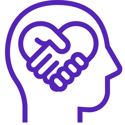 Profile of a head with a handshake in the shape of a heart inside